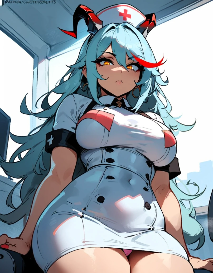 1girl, aegir \(azur lane\), azur lane \\\\\ masterpiece, best quality, very aesthetic, absurdres, newest \\\\\\ sportive body, \\\\\\ by nyantcha,,by cutesexyrobutts,by khyle ///// silvery white hair with a single prominent red streak, black horns, yellow eyes, , white background, white (nurse outfit:1.2), skirt, standing, white pencil skirt, nurse cap, sit  in front of me, below view,pink openwork panties, close mouth
