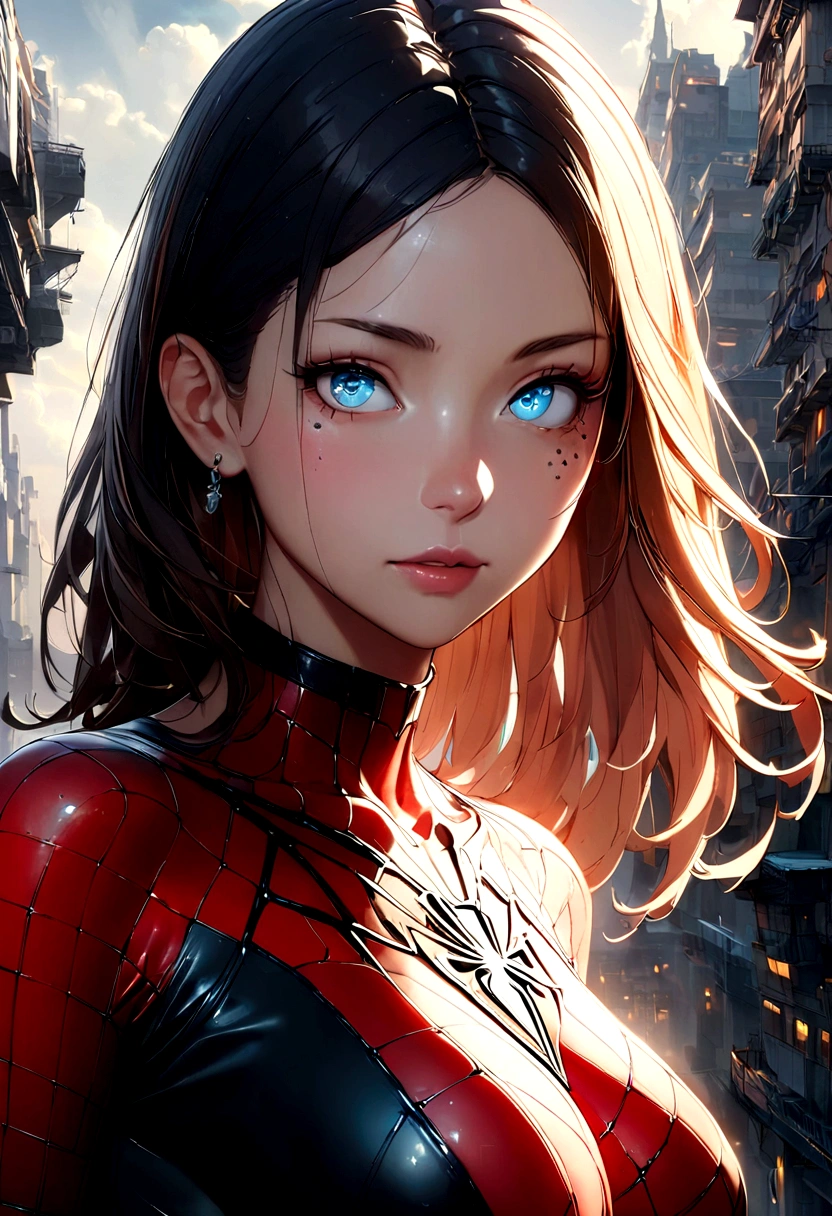 (1 girl:1.3), Solo, (((Very detailed face)))), ((Very detailed eyes and face.)))), beautiful details eyes, Body Parts__, Official Art, Unified 8k Wallpaper , super detailed, beautiful and beautiful, beautiful, Masterpiece, best quality, Original, Masterpiece, super fine photo, best quality, super high resolution, realistic realism, sunlight, Full length portrait, extraordinary beauty, dynamic pose, delicate face, vibrant eyes, (from the front), He is wearing a Spider-Man suit, red and black color scheme, spider, highly detailed city roof background, roof, overlooking the city, detailed face, detailed complex busy background, messy, splendid, milky white, highly detailed skin, realistic skin details, visible pores, clear focus, volumetric fog, 8k hd, DSLR, high quality, film grain, white skin, photo realism, lomography Translucent, futuristic, dystopian megalopolis