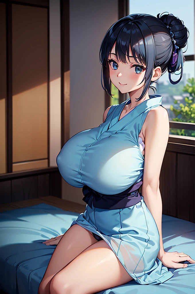 masterpiece, best quality, ultra detailed, ultra high resolution, very detailed face, solo, anime, top down angle, 20 years old girl, slim, (((lightblue yukata, sleeveless))), (((bare thighs, pantie)))((black short hair, chignon)), (((huge breast))), little smile, in the room