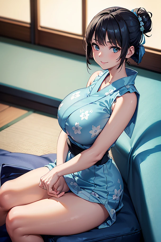 masterpiece, best quality, ultra detailed, ultra high resolution, very detailed face, solo, anime, top down angle, 20 years old girl, slim, (((lightblue yukata, sleeveless))), ((( thighs, pantie)))((black short hair, chignon)), (((huge breast))), little smile, in the room