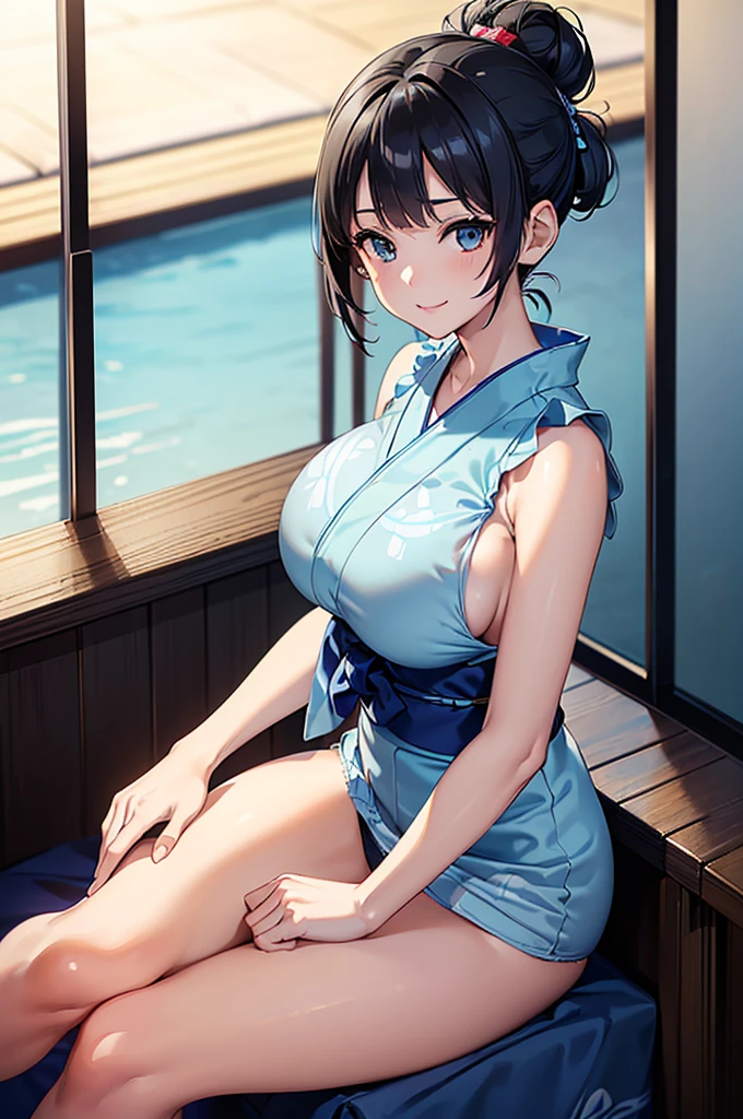 masterpiece, best quality, ultra detailed, ultra high resolution, very detailed face, solo, anime, top down angle, 20 years old girl, slim, (((lightblue yukata, sleeveless))), (((bare thighs, pantie)))((black short hair, chignon)), (((huge breast))), little smile, in the room