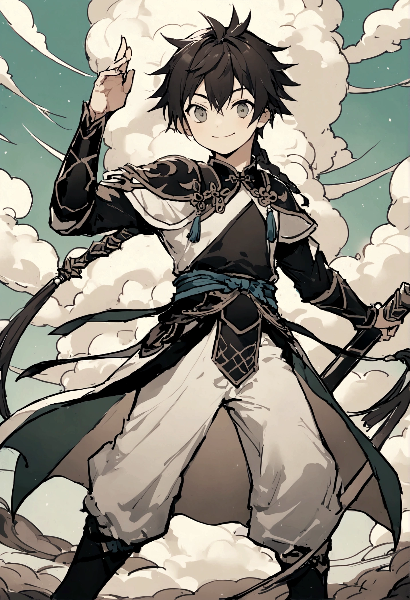 juvenile,((male)),Martial Arts,16 years old,one person,grassland,cloud,((Simple clothing)),Light-colored clothing,Carrying weapons,walk,Smile,((Chinese style)),Immortal World,Xianxia World