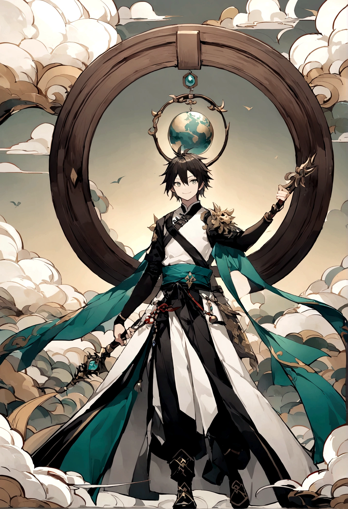 juvenile,((male)),Martial Arts,,one person,grassland,cloud,((Simple clothing)),Light-colored clothing,Carrying weapons,walk,Smile,((Chinese style)),Immortal World,Xianxia World