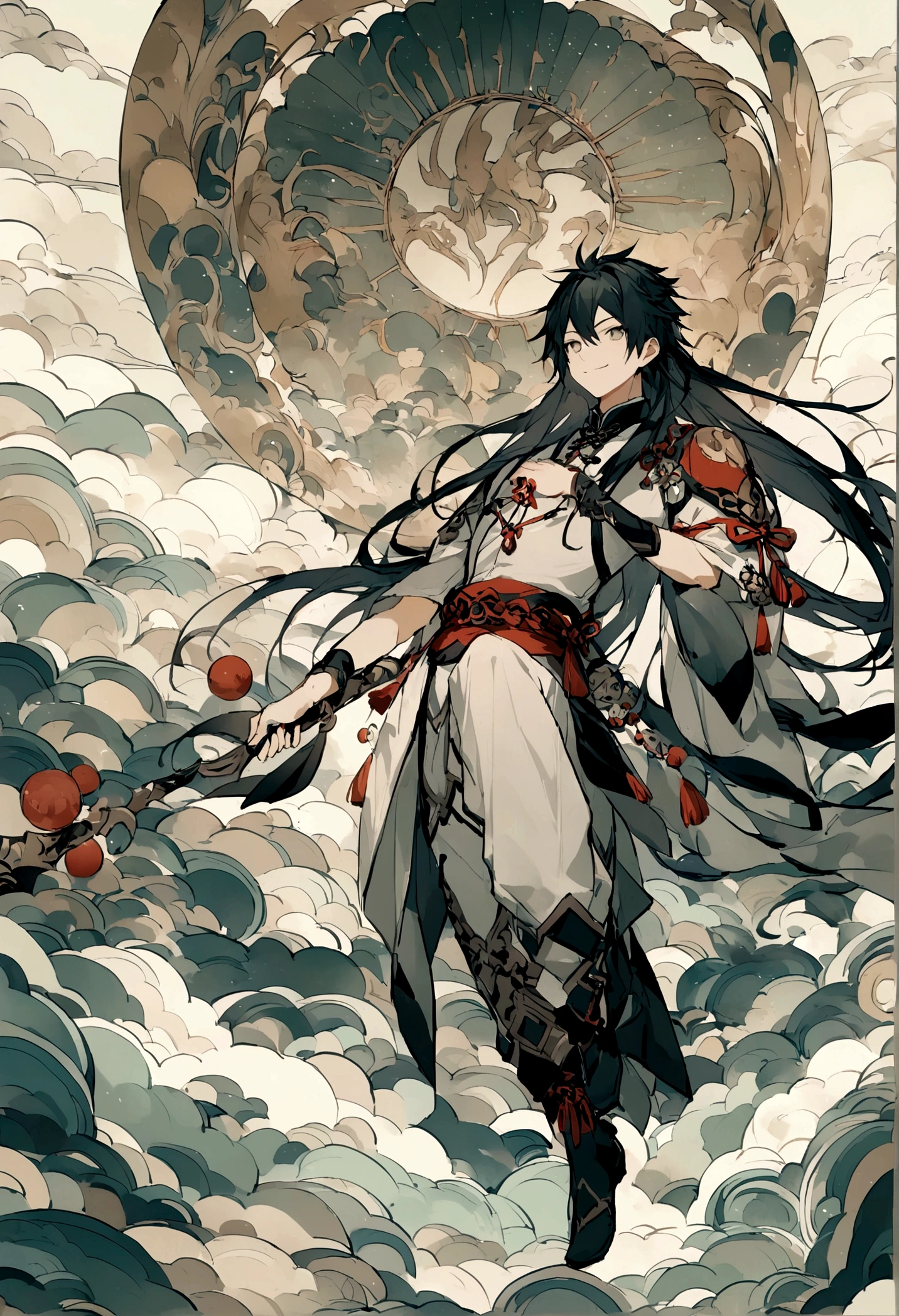 juvenile,((male)),Martial Arts,,one person,grassland,cloud,((Simple clothing)),Light-colored clothing,Carrying weapons,walk,Smile,((Chinese style)),Immortal World,Xianxia World