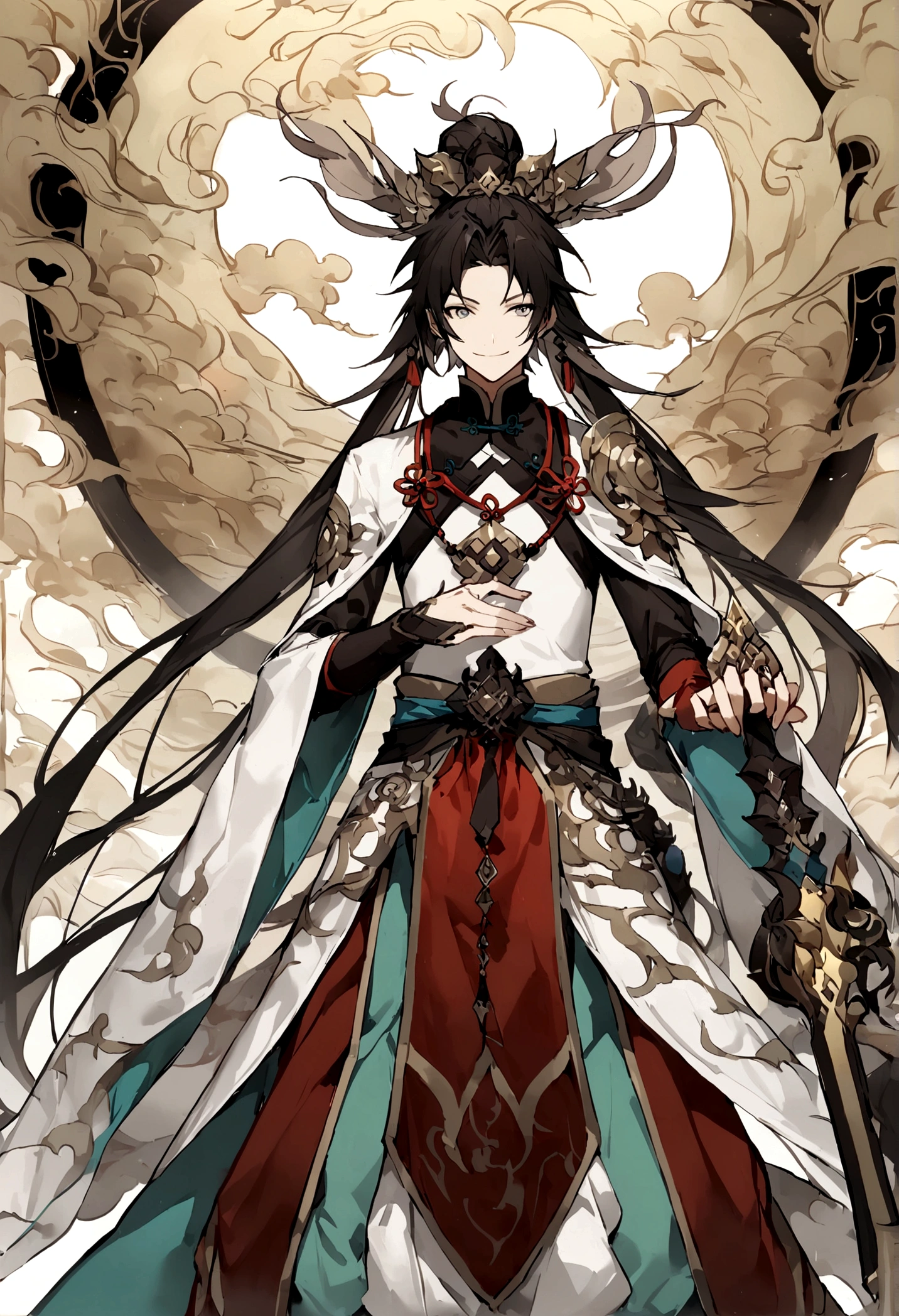 juvenile,((male)),Martial Arts,16 years old,one person,grassland,cloud,((Simple clothing)),Light-colored clothing,Carrying weapons,walk,Smile,((Chinese style)),Immortal World,Xianxia World