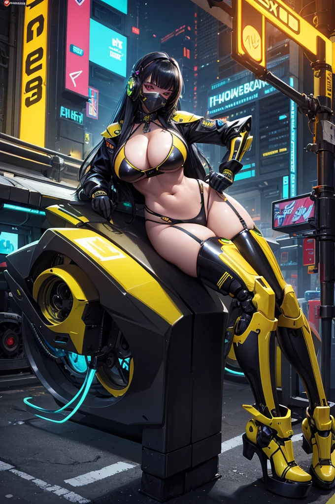  pose, cyberpunk girl with massive ,  yellow robot bikini , robot mask, futuristic, intricate details, mechanical elements, neon lights, dark atmosphere, glowing eyes, chrome, hyper-realistic, cinematic lighting, masterpiece, 8k, photorealistic