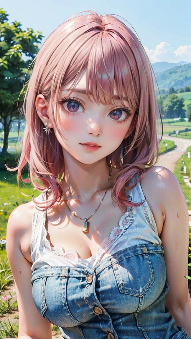 (Masterpiece, BestQuality:1.3), (ultra detailed:1.2), (hyperrealistic:1.3), (RAW photo:1.2), High detail RAW color photo, professional photograph, (Photorealistic:1.4), (realistic:1.4), professional lighting, perfect anatomy, (Big Breasts:1.2), (blush, detailed face), (cheerful Smile:1.5), Trending Hair&Trending Hairカラーをランダムに, earrings, necklace, bracelet, sexly, erotic sexly, Random sexy gravure poses, (A pink-haired beauty in a white lace top and denim cutoffs、Smiling and posing sexy while taking a walk in the countryside in summer。: 1.3)
