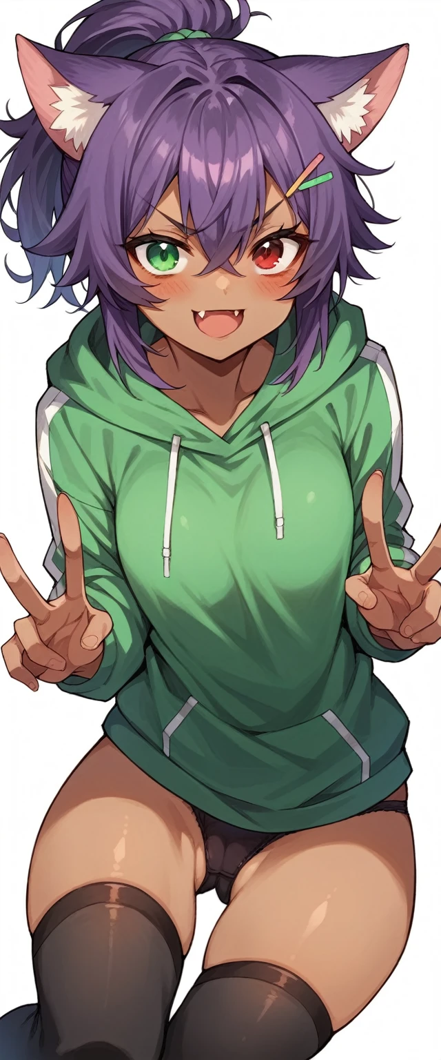 highres,1girl,animal ears,KEMOMIMI,bangs,blush,heterochromia,red eye,green eye,red and green odd eyes,open mouth,fang,dark-skinned female,hair between eyes,hair ornament,hairclip,looking at viewer,smile,solo,v-shaped eyebrows,ponytail,Short messy hair,purple hair,two or more colors,thighhighs,underwear,Rash Guard,white background,simple background