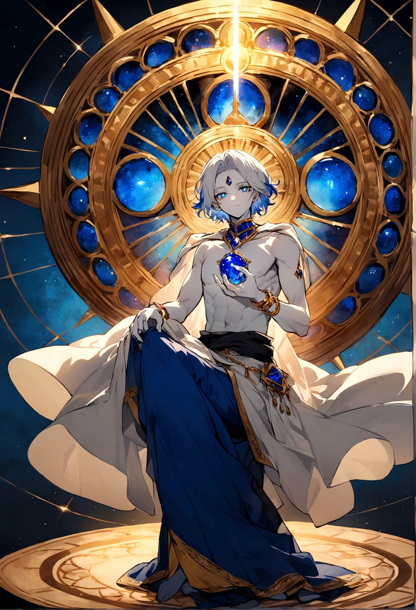 He is a medium-tall, and rather not very muscular, humanoid Man, with a white skin. His eyes are blue lapis lazuli, with bright white pupils, and his hair is black, and looks like a floating, smooth-tipped spikes. He also has runes on a forehead, and a black circle resembling an eye, with a shining blue lapis lazuli.
His chest is uncovered, and on bottom he wears light, White colour robe covering his legs, from which two long belts protrude, one he throws over his left shoulder and the other hangs freely. He have brown-blue small bracelets on on the top of his hands, and on the wrists, he wears golden 3-part bracelets.
And he sitting at between a big buddhism's mandala.