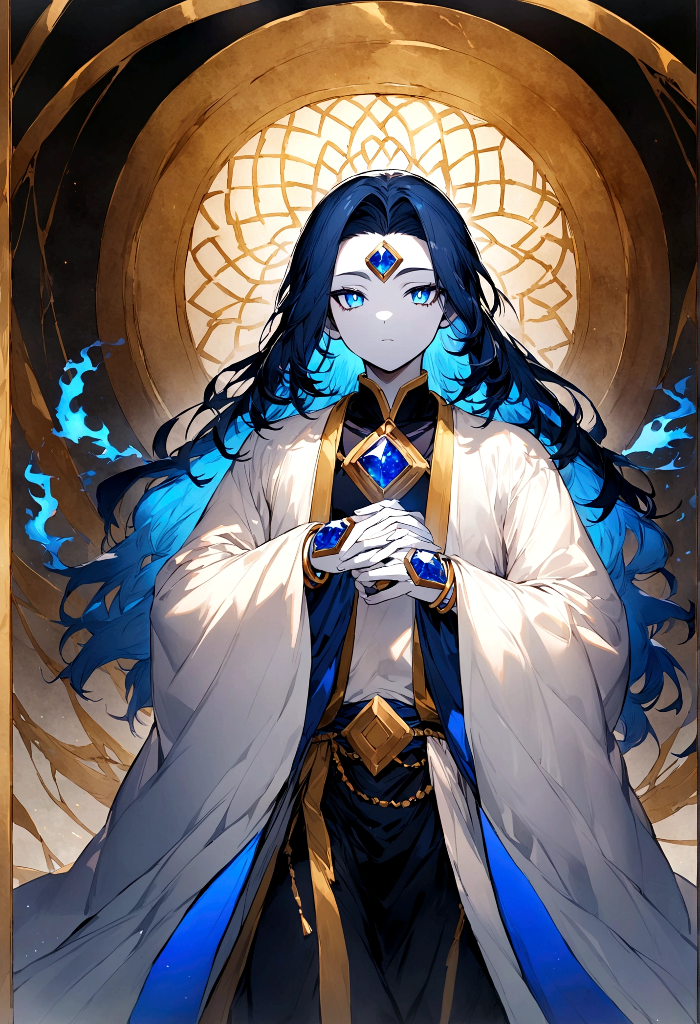 He is a handsome youth with medium-tall, and rather not very muscular, humanoid Man, with a white skin. His eyes are blue lapis lazuli, with bright white pupils, and his hair is black, and looks like a floating, smooth-tipped spikes. He also has runes on a forehead, and a black circle resembling an eye, with a shining blue lapis lazuli.

His chest is uncovered, and on bottom he wears light, White colour robe covering his legs, from which two long belts protrude, one he throws over his left shoulder and the other hangs freely. He have brown-blue small bracelets on on the top of his hands, and on the wrists, he wears golden 3-part bracelets.

And he is meditating at between a big buddhism's mandala.