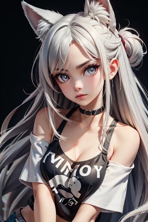 1girl, fox girl, gray hair, long beautiful hair, red eyes, (ultra detailed eyes), ripped jeans, medium large bust, off shoulder, bra strap, punk t shirt, croptop, choker , tattoo, rock concert, inside, masterpiece, best quality, very aesthetic, newest