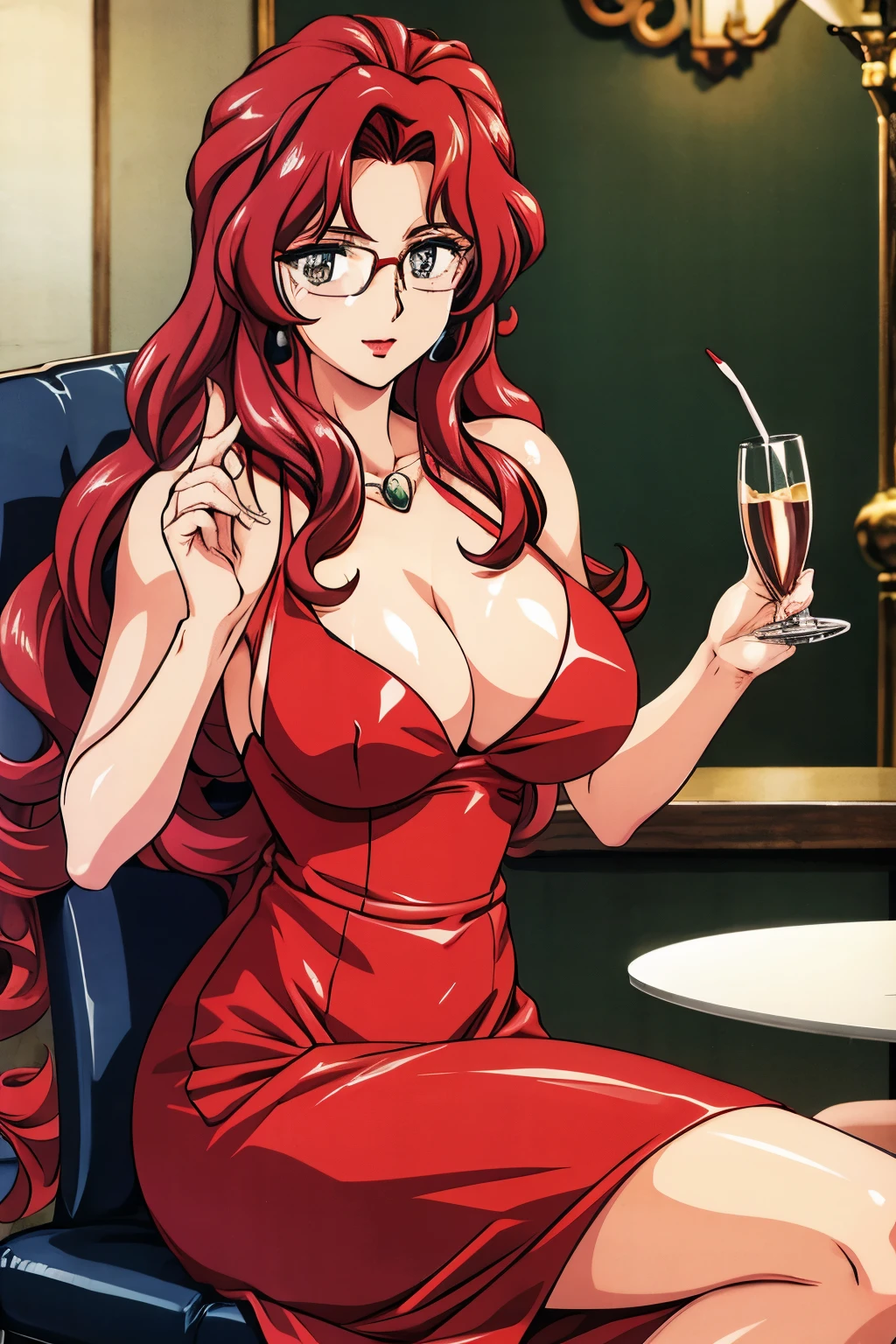 final romance,rukawa saya,large breasts,ruby hair,long hair,wavy hair,long hair,glasses,(Red dress,Fine dining、night scene,table、Sitting in a chair、Champagne:1),mature female,lipstick,looking at viewer