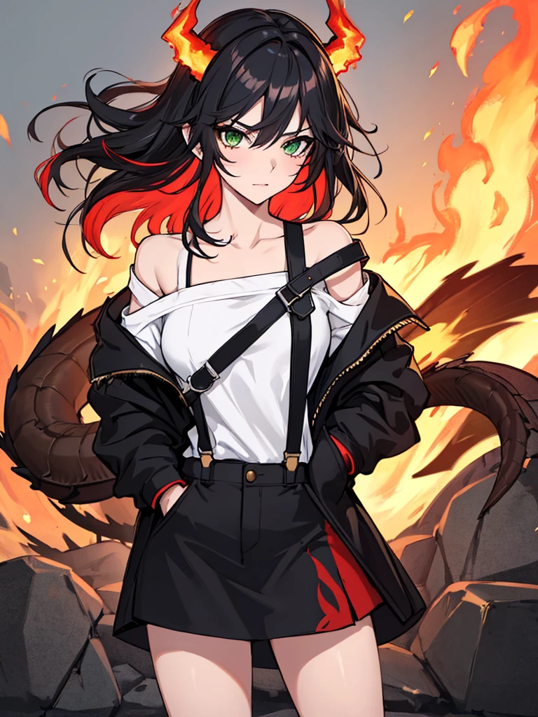 absurdres, 8k, 4k, masterpiece, hyper extreme detailed:1.2), solo, 1girl, front view, perfect face, 1girl, portrait, expressive eyes, looking at viewer, solo, green eyes, standing, mature female, , pale, long black hair, groan, casual wear, adult, looking forward, front view, black horns, confident, cautious, rational, messy hair, wind, windy, moving hair, moving clothes, swept bangs, front view, unyielding, mature body, tomboy, dragon tail, adult, black nails, wild hair, velvet crowe, scars, fatigue, Black Demonic Horns, Dragon Horns, Dragon Tail, fire, long skirt, hands in pockets, white shirt black letters, exposed shoulder, shoulder strap, suspenders, velvet crowe, velvet-outfit, red hair gradients, village background, fiery, flames, burning,