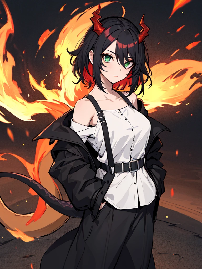 absurdres, 8k, 4k, masterpiece, hyper extreme detailed:1.2), solo, 1girl, front view, perfect face, 1girl, portrait, expressive eyes, looking at viewer, solo, green eyes, standing, mature female, , pale, long black hair, groan, casual wear, adult, looking forward, front view, black horns, confident, cautious, rational, messy hair, wind, windy, moving hair, moving clothes, swept bangs, front view, unyielding, mature body, tomboy, dragon tail, adult, black nails, wild hair, velvet crowe, scars, fatigue, Black Demonic Horns, Dragon Horns, Dragon Tail, fire, long skirt, hands in pockets, white shirt black letters, exposed shoulder, shoulder strap, suspenders, velvet crowe, velvet-outfit, red hair gradients, village background, fiery, flames, burning,