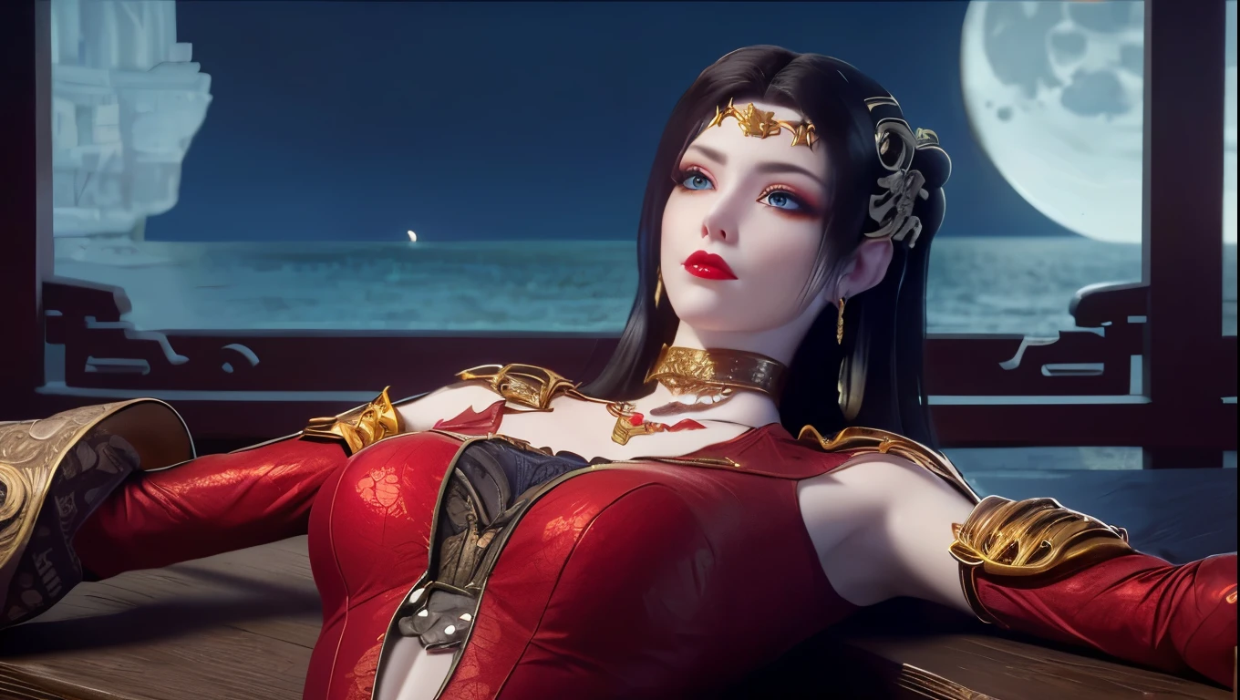 1 extremely beautiful queen, ((Wearing red traditional Han clothing with fine black patterns:1.6)), (((Patterns on clothes:1.6))), ((Black long hair:1.6)), Jewelry crafted with gemstones and beautiful hair, ((戴 24K 金蕾丝项链:1.4))), noble, Beautiful lady, Her little face is super cute, Her face is beautiful, Sparse eyebrows, Flawless beautiful face, ((Black pupils: 0.8)), Very beautiful eyes, ((Platinum blue eyes: 1.6)), (((Eyes wide open:1.6))), Beautiful makeup and hair detailed eyelashes, steam eye makeup, high nose, earrings, Red lips, ((Shut up: 1.5)) Beautiful lips, Delicate hands, The most beautiful thighs, ((Stretch your arms to the sides: 1.5)), ruddy face, cleanface, Flawless beautiful face, Smooth and fair skin,  Beautiful breasts, Perfect body, Rear arm, Keep your chest up, Thin black mesh，With black lace trim, 8k Photo, super high quality, Surreal, 10 times more pixels, Optical, Bright studio, Bright Edge, dual-tone light, (High Detail Skin:1.2), Super 8K, soft light, high quality, volumetric light, Reality, Reality high resolution, light, Best photos, 4K, 8K picture quality, Blur effect, Smooth and sharp, 10 x Pixel, ((Background of sea and moonlight at night:1.5)), aurora, lightning, Super realistic graphics, The most realistic graphics, 1 girl, Solitary, Solitary, Extremely clear images, Surreal的, (((Frontal image: 1)))."