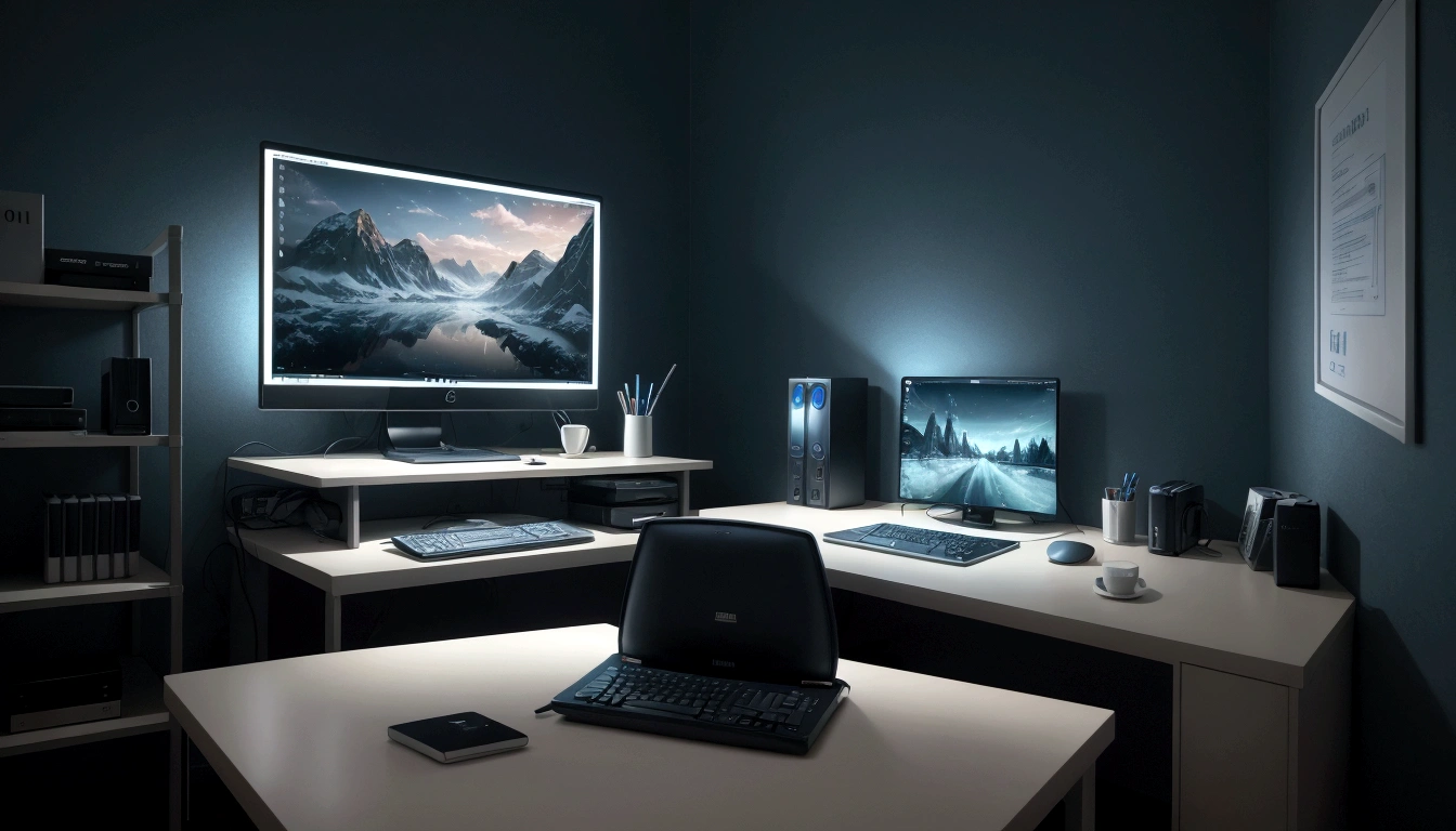 natta, computer desk, Cup of coffee, stylish modern computer, illuminated screen, cold blue light, wall-paper, highy detailed, Anime Landscape