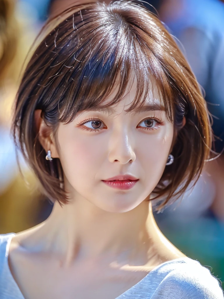 (best quality, masterpiece), 1girl, beautiful girl, brown_eyes, ((hair color [Silver hair], [pixie cut with bangs] hair)), earrings, lips, short sleeves,realistic, narrow waist, charming, colorful makeup, long eyelashes, fair skin, (cute), (detailed face), detailed eyes, detailed iris, 