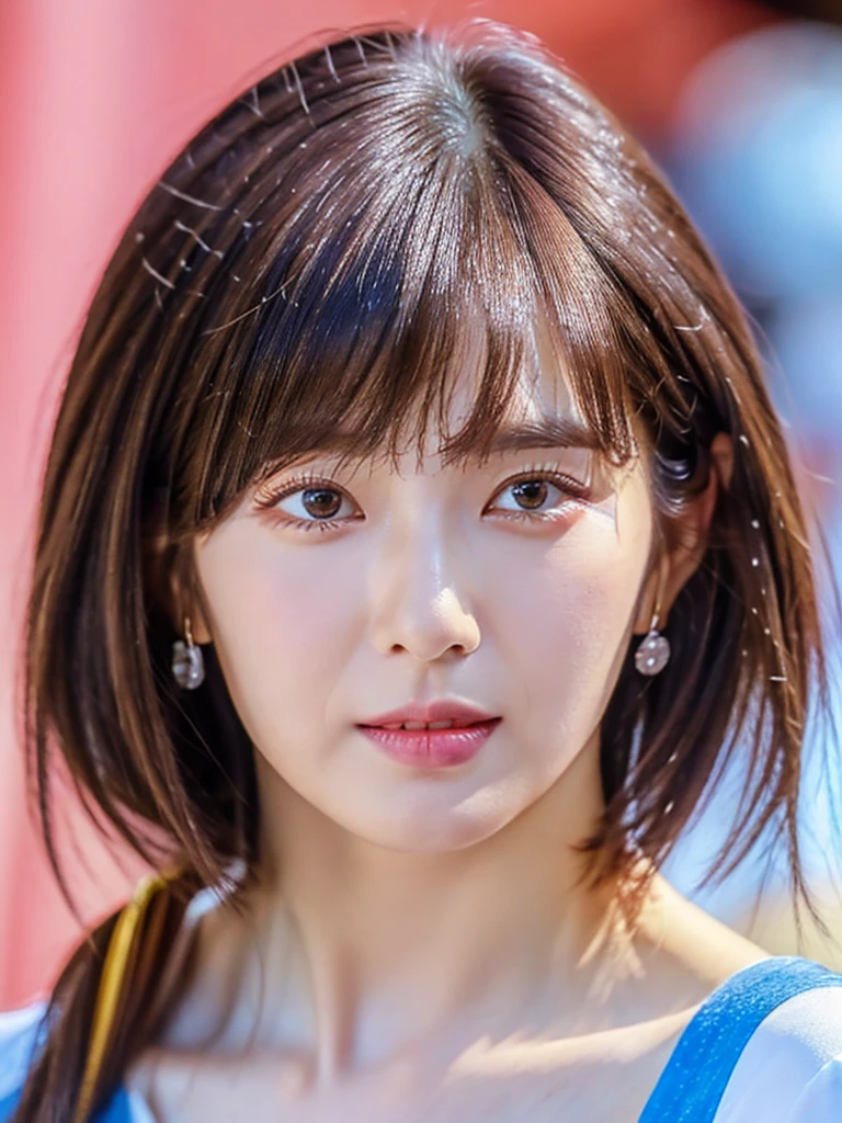 (best quality, masterpiece), 1girl, beautiful girl, brown_eyes, ((hair color [Silver hair], [pixie cut with bangs] hair)), earrings, lips, short sleeves,realistic, narrow waist, charming, colorful makeup, long eyelashes, fair skin, (cute), (detailed face), detailed eyes, detailed iris, 