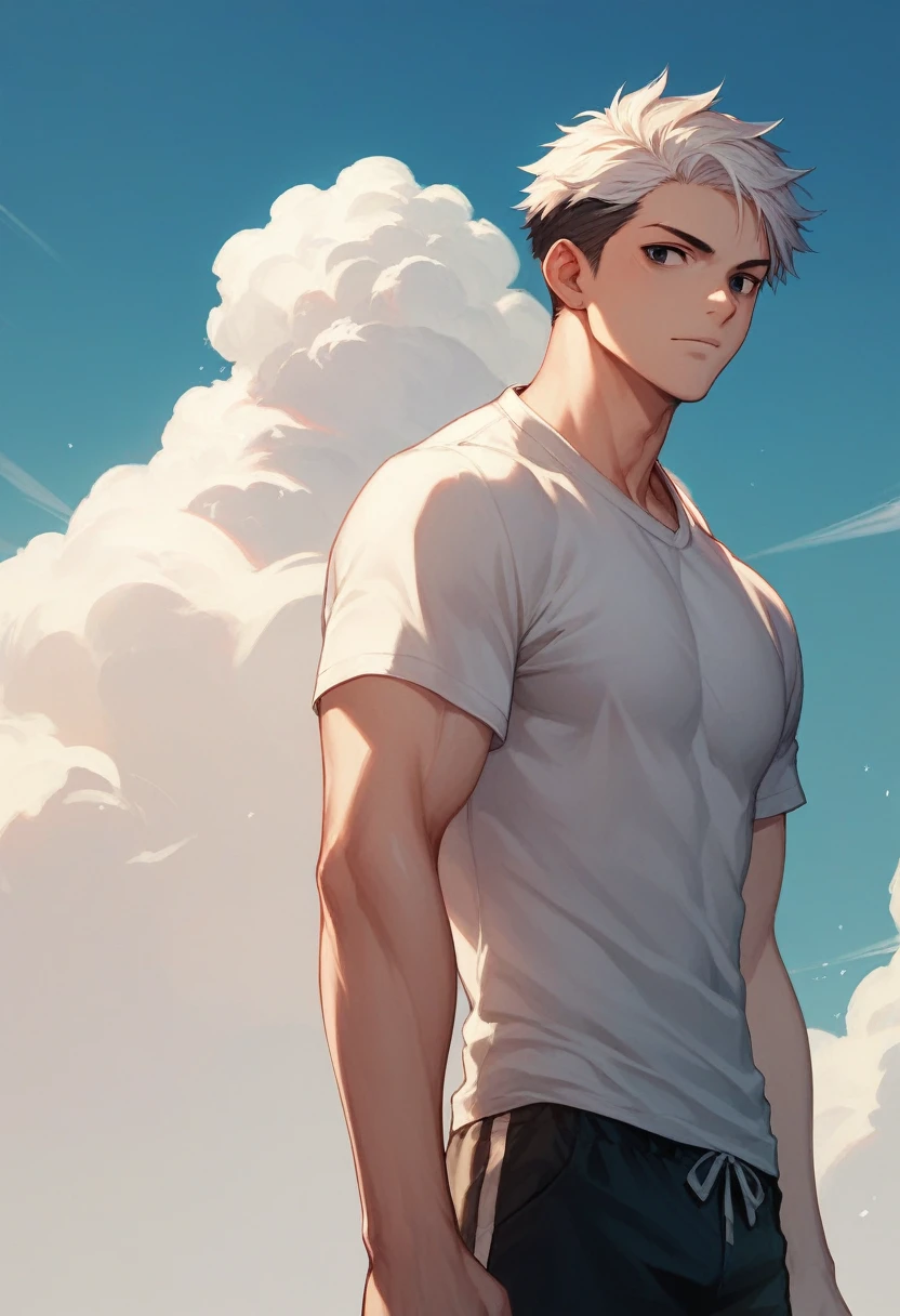 White color hair,short detailed hair,Black eyes,Libido boy,Handsome,shoun,white short sleeve,the sky background,with blue sky and white clouds