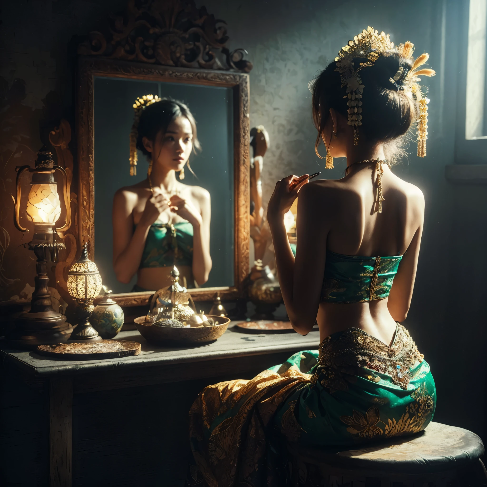 hyper realistic photography (((ultra detailed object))) shade backlight lighting treatment naturally, a girl wearing traditional bali`s pendet dancer clothes & batik sarong sit down looking at mirror ((there`s her reflection on mirror)) at her modest beauty desk (she is holding her traditional tiara) she is looking at the mirror preparing for her show performance, on her room at traditional indonesian home, show back of her body, dark dramatic mood, 1 source of light a tungsten lamp on the corner
