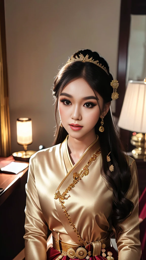 masterpiece, highest quality, HDR, high contrast, ((beautiful girl, Thai Female Soldier)), bun hair, highly detailed lips, detailed eyes, double eyelid, Make-up face. ((flchut thai dresses, strapless shirts)), just showing his face. pretty face. captivating. make-up face. long eyelashes, just showing his face. pretty face. captivating. make-up face. long eyelashes, just showing his face. pretty face. captivating. make-up face. long eyelashes, ((in front of the make-up mirror))
