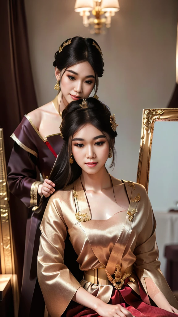 masterpiece, highest quality, HDR, high contrast, ((beautiful girl, Thai Female Soldier)), bun hair, highly detailed lips, detailed eyes, double eyelid, Make-up face. ((flchut thai dresses, strapless shirts)), just showing his face. pretty face. captivating. make-up face. long eyelashes, just showing his face. pretty face. captivating. make-up face. long eyelashes, just showing his face. pretty face. captivating. make-up face. long eyelashes, ((in front of the make-up mirror))