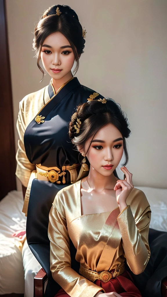 masterpiece, highest quality, HDR, high contrast, ((beautiful girl, Thai Female Soldier)), bun hair, highly detailed lips, detailed eyes, double eyelid, Make-up face. ((flchut thai dresses, strapless shirts)), just showing his face. pretty face. captivating. make-up face. long eyelashes, just showing his face. pretty face. captivating. make-up face. long eyelashes, just showing his face. pretty face. captivating. make-up face. long eyelashes, ((in front of the make-up mirror))