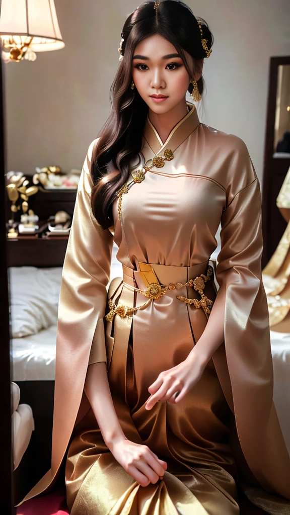 masterpiece, highest quality, HDR, high contrast, ((beautiful girl, Thai Female Soldier)), bun hair, highly detailed lips, detailed eyes, double eyelid, Make-up face. ((flchut thai dresses, strapless shirts)), just showing his face. pretty face. captivating. make-up face. long eyelashes, just showing his face. pretty face. captivating. make-up face. long eyelashes, just showing his face. pretty face. captivating. make-up face. long eyelashes, ((in front of the make-up mirror))