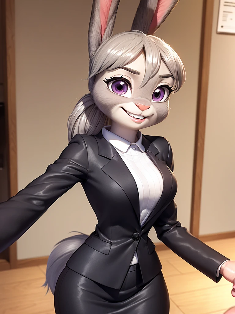 best quality,
masterpiece,
super detail,
3D,
Portrait,
fun atmosphere,
(((solo))),
(((1 female))),
furry,
anthropomorphic female
fine coat,

bloom office, 

(Face is JudyHopps:1.4),
(straight hair:1.3),
(see-through bangs:1.3),
wispy bangs,
bright purple eyes,
(raised eyebrows:1.1),
(rabbit ears:1.1),

Body is NamiFinal, 
Body covered with rabbit fur,
(body is gray with fluffy and fluffy:1.3),
(skin is wool fabric with fluffy and fluffy:1.3),

office lady is wearing suit,
((White blouse)),
((Black blazer jacket)),
((Black pants)),
clothes made of cotton,
