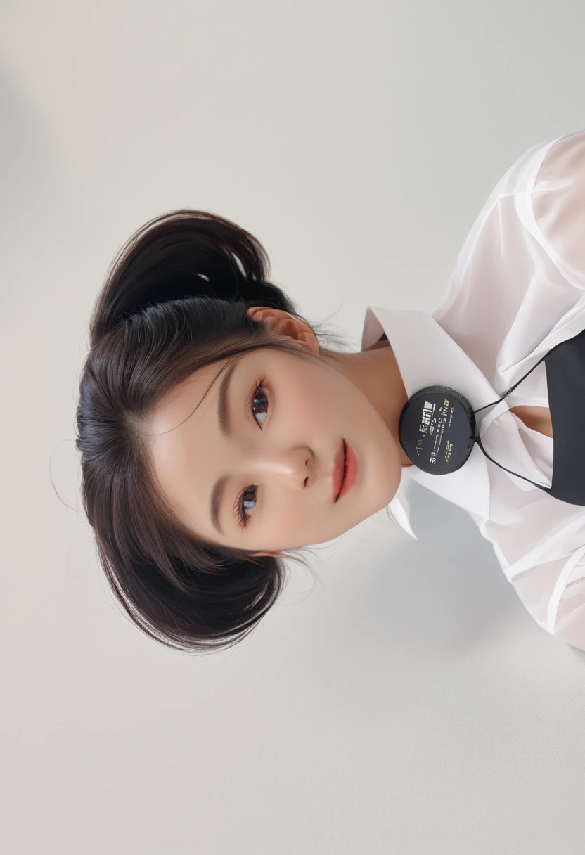 Best Quality, 8k, Masterpiece, (Portrait: 1.3), (photo realistic:1.4), (hyper realistic:1.4), Sharp Focus, looking at viewer, (smoother lighting:1.1), (increase cinematic lighting quality:0.9), realistic lighting, backlighting, light on face, ray trace, (brightening light:1.2), (Increase quality:1.4), sharp detail, (best quality real texture skin:1.4), finely detailed eyes, black_eyes, finely detailed face, 25 year old Korean woman, (white formal_shirt:1.4), (Create an image maintaining the original base model hairstyle:1.5)