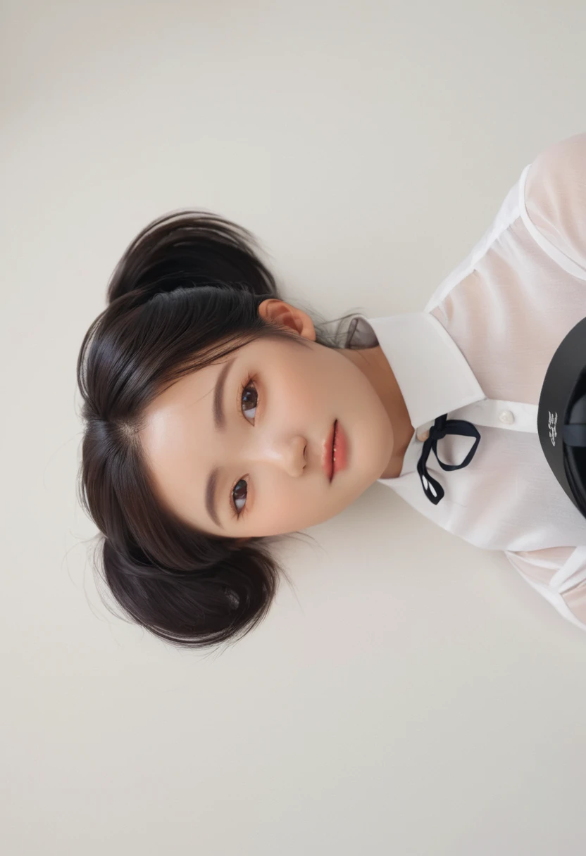 Best Quality, 8k, Masterpiece, (Portrait: 1.3), (photo realistic:1.4), (hyper realistic:1.4), Sharp Focus, looking at viewer, (smoother lighting:1.1), (increase cinematic lighting quality:0.9), realistic lighting, backlighting, light on face, ray trace, (brightening light:1.2), (Increase quality:1.4), sharp detail, (best quality real texture skin:1.4), finely detailed eyes, black_eyes, finely detailed face, 25 year old Korean woman, (white formal_shirt:1.4), (Create an image maintaining the original base model hairstyle:1.5)
