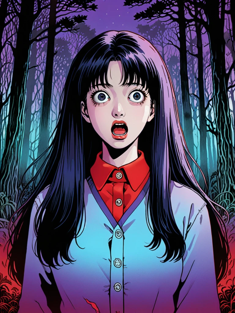 illust、art、from 80s horror movie, directed by Junji Ito、Moonlit Night、Dark Forest、Among the countless graves、A woman with a scared expression、Overaction、Overreaction、Acting frightened、high detail, realsitic shadow、Analog style, vhs style, 8mm film, chromatic aberration, Dvd screengrab、Blue-purple and red-purple gradation