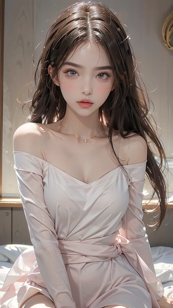 Sweet girl,Cute ball head,student,front,Thin waist,Off-shoulder,Perfect face,Delicate facial features,Shy,blush,Shameful,Light makeup,Pink lips,Fair skin,Wearing a dress,Ultimate image quality,Highest precision purity,Pure girl,pure,pure,Simple girl