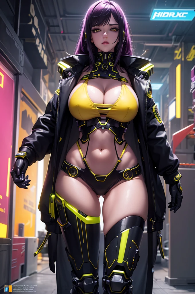  pose, cyberpunk girl with massive , skimpy yellow and purple robot  , robot mask, futuristic, intricate details, mechanical elements, neon lights, dark atmosphere, glowing eyes, chrome, hyper-realistic, cinematic lighting, masterpiece, 8k, photorealistic