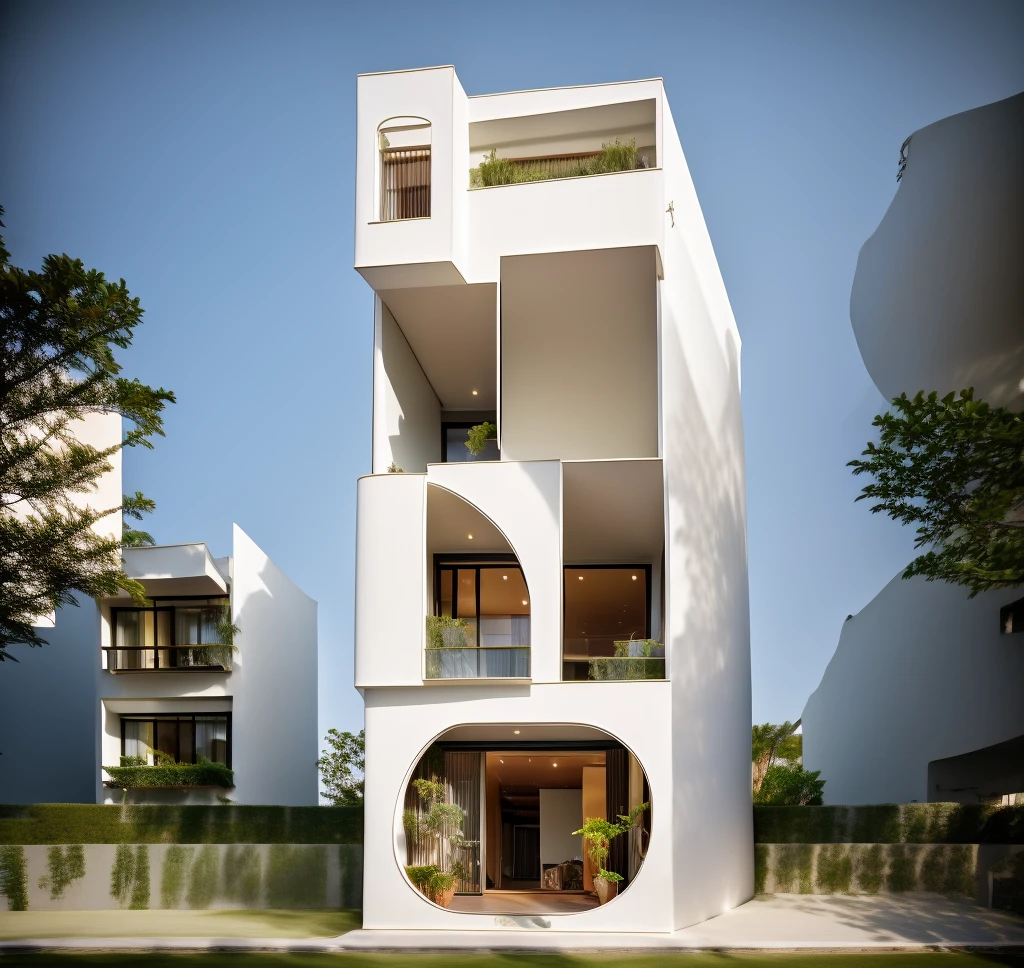 townhouse with bancony, white wall, glass rail, window, mental gate, ( realistic photo)
