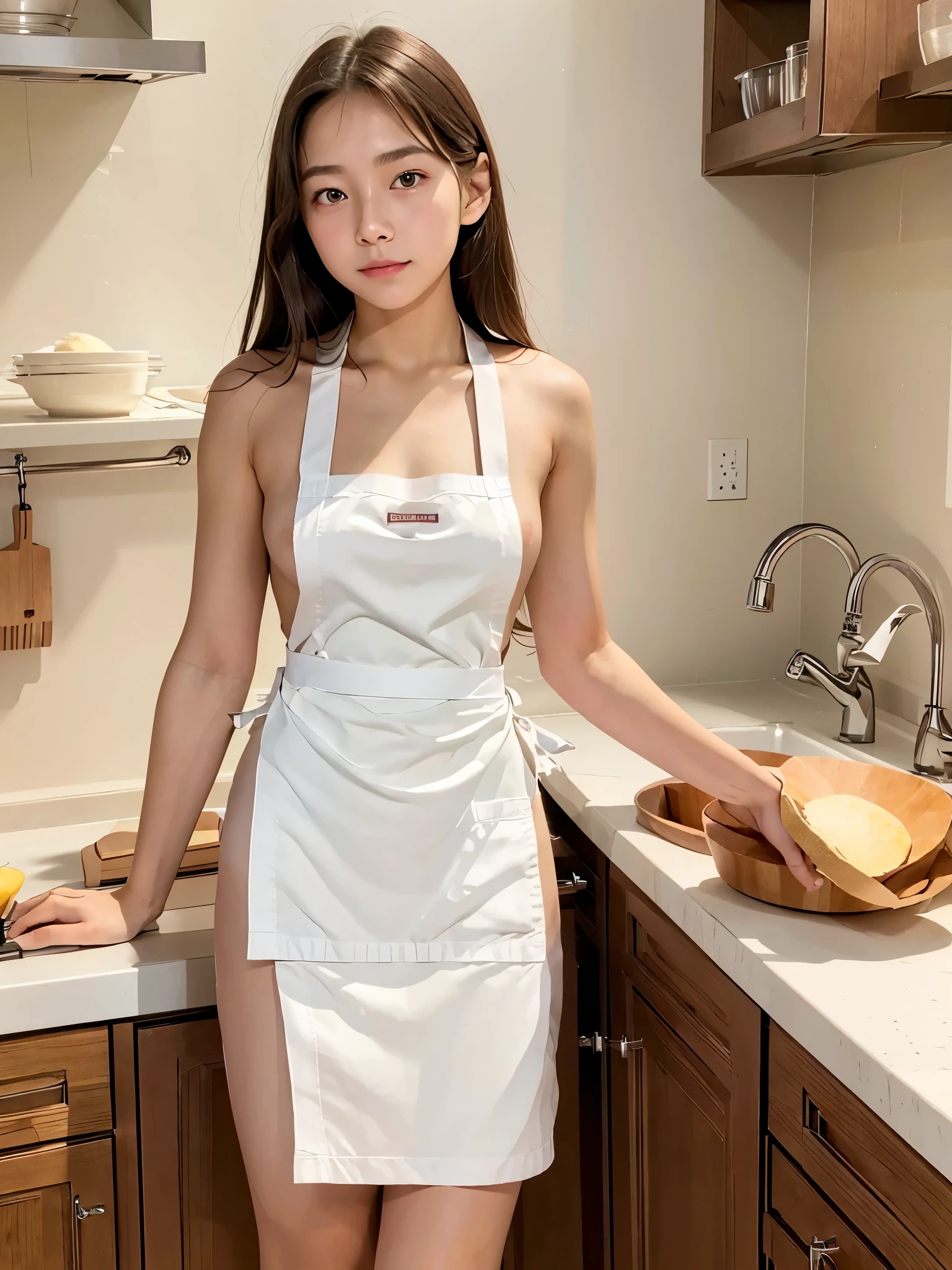 highest quality,Photo quality,Ultra-high resolution,Professional Lighting,,Beautiful face 、Amazingly cute、(((Naked Apron)))、The bra is visible through、kitchen、Cooking、Ultra short apron hem、