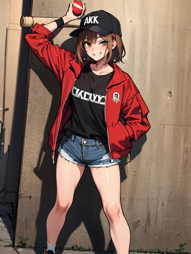 (absurdres, 8k, 4k, masterpiece, hyper extreme detailed:1.2), solo, 1girl, front view, perfect face, 1girl, portrait, looking at viewer, solo, standing, Female, Mature Female, expressive eyes, perfect face, brown hair, short hair, messy hair, smug, wide smile, wide eyes, street clothes, black shirt, red jacket, freckles, brown eyes, mouth open, wide smile, best , standing, full body, streetwear, dirty, messy, baseball bat, ball cap, , rugged, torn shorts, jean shorts, ripped shorts, ripped shirt, sneakers, crazy face, crazy eyes, crazy smile, perfect , half body, cowboy shot, 