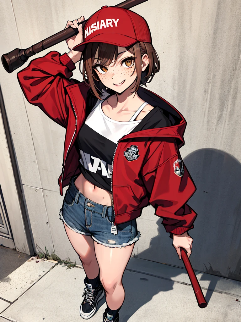 (absurdres, 8k, 4k, masterpiece, hyper extreme detailed:1.2), solo, 1girl, front view, perfect face, 1girl, portrait, looking at viewer, solo, standing, Female, Mature Female, expressive eyes, perfect face, brown hair, short hair, messy hair, smug, wide smile, wide eyes, street clothes, black shirt, red jacket, freckles, brown eyes, mouth open, wide smile, best anatomy, standing, full body, streetwear, dirty, messy, baseball bat, ball cap, open jacket, rugged, torn shorts, jean shorts, ripped shorts, ripped shirt, sneakers, crazy face, crazy eyes, crazy smile, perfect anatomy, half body, cowboy shot,