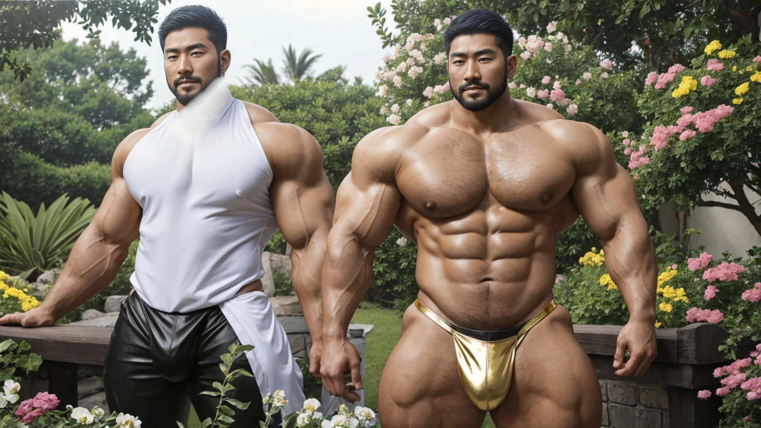 There is only one handsome Asian actor in the picture,30 years old,Tall and handsome, Toned body,short hair, O-Shaped Beard,Perfect body, Dark skin,Glowing skin,Smooth skin,The body is hairless,Muscle bulge, Muscular, Very large pectoral muscles,Very sexy abdominal muscles,Very well-developed leg muscles,Huge concave and convex area,Brightens oily skin,Wearing a gold leather shiny thong,Handsome face, Correct and accurate male body proportions, Stand among the flowers。