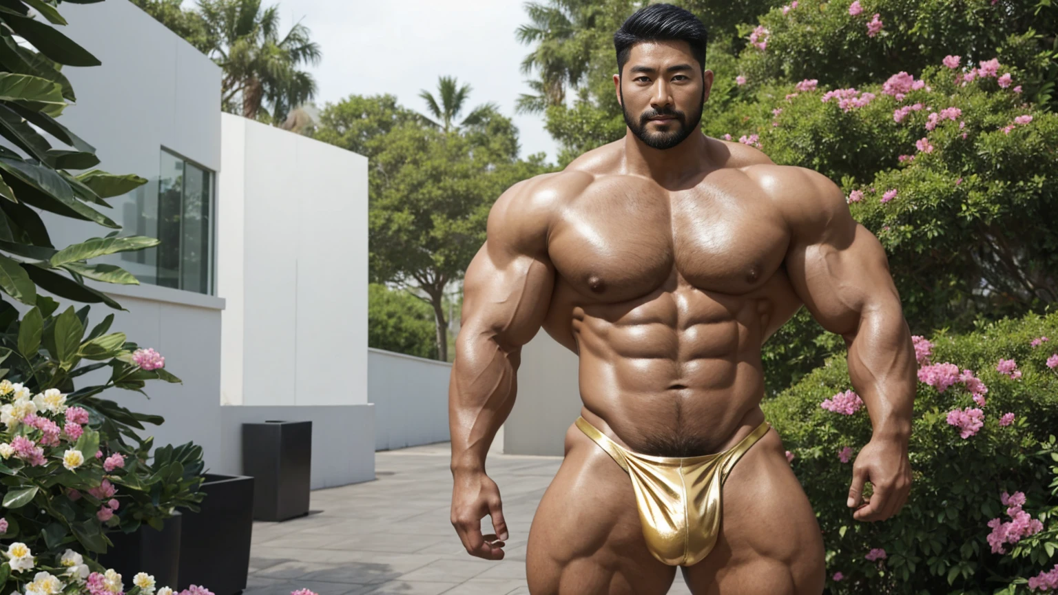 There is only one handsome Asian actor in the picture,30 years old,Tall and handsome, Toned body,short hair, O-Shaped Beard,Perfect body, Dark skin,Glowing skin,Smooth skin,The body is hairless,Muscle bulge, Muscular, Very large pectoral muscles,Very sexy abdominal muscles,Very well-developed leg muscles,Huge concave and convex area,Brightens oily skin,Wearing a gold leather shiny thong,Handsome face, Correct and accurate male body proportions, Stand among the flowers。