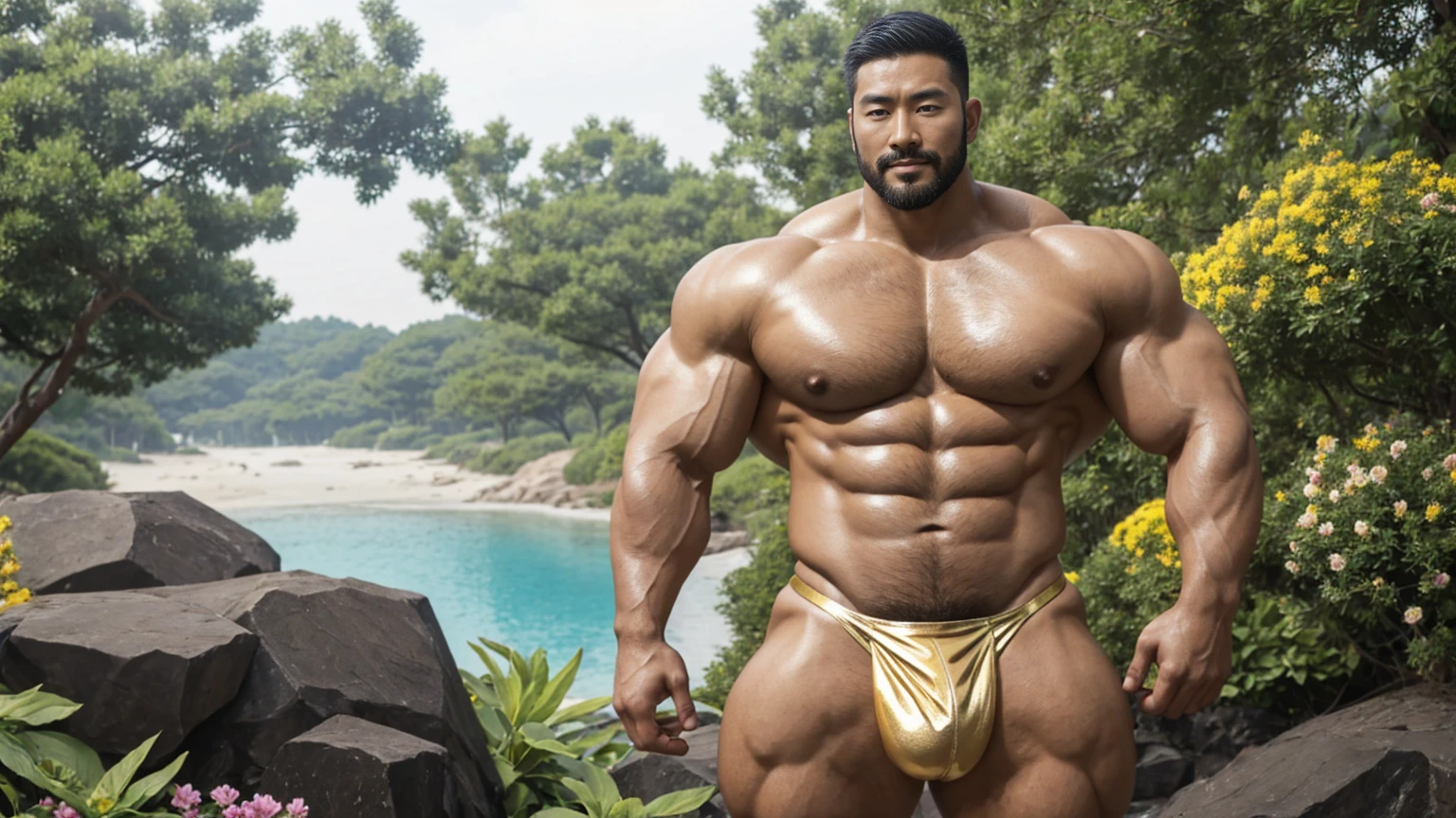 There is only one handsome Asian actor in the picture,30 years old,Tall and handsome, Toned body,short hair, O-Shaped Beard,Perfect body, Dark skin,Glowing skin,Smooth skin,The body is hairless,Muscle bulge, Muscular, Very large pectoral muscles,Very sexy abdominal muscles,Very well-developed leg muscles,Huge concave and convex area,Brightens oily skin,Wearing a gold leather shiny thong,Handsome face, Correct and accurate male body proportions, Stand among the flowers。