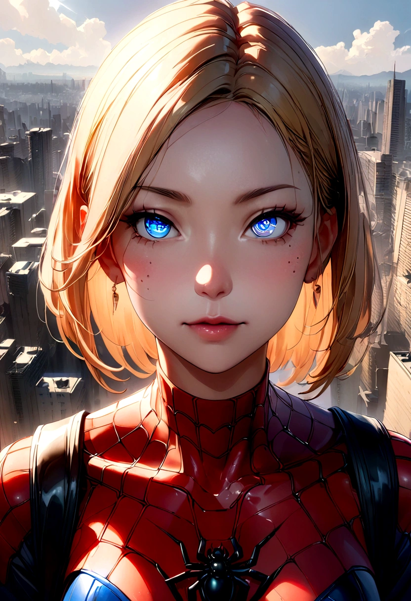 (1 girl:1.3), Solo, (((Very detailed face)))), ((Very detailed eyes and face.)))), beautiful details eyes, Body Parts__, Official Art, Unified 8k Wallpaper , super detailed, beautiful and beautiful, beautiful, Masterpiece, best quality, Original, Masterpiece, super fine photo, best quality, super high resolution, realistic realism, sunlight, Full length portrait, extraordinary beauty, dynamic pose, delicate face, vibrant eyes, (from the front), He is wearing a Spider-Man suit, red and black color scheme, spider, highly detailed city roof background, roof, overlooking the city, detailed face, detailed complex busy background, messy, splendid, milky white, highly detailed skin, realistic skin details, visible pores, clear focus, volumetric fog, 8k hd, DSLR, high quality, film grain, white skin, photo realism, lomography Translucent, futuristic, dystopian megalopolis