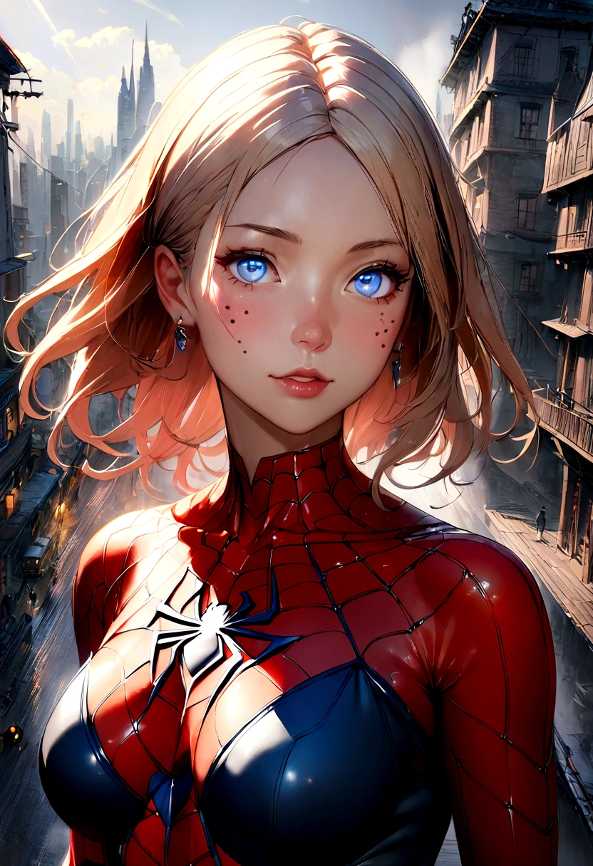 (1 girl:1.3), Solo, (((Very detailed face)))), ((Very detailed eyes and face.)))), beautiful details eyes, Body Parts__, Official Art, Unified 8k Wallpaper , super detailed, beautiful and beautiful, beautiful, Masterpiece, best quality, Original, Masterpiece, super fine photo, best quality, super high resolution, realistic realism, sunlight, Full length portrait, extraordinary beauty, dynamic pose, delicate face, vibrant eyes, (from the front), He is wearing a Spider-Man suit, red and black color scheme, spider, highly detailed city roof background, roof, overlooking the city, detailed face, detailed complex busy background, messy, splendid, milky white, highly detailed skin, realistic skin details, visible pores, clear focus, volumetric fog, 8k hd, DSLR, high quality, film grain, white skin, photo realism, lomography Translucent, futuristic, dystopian megalopolis