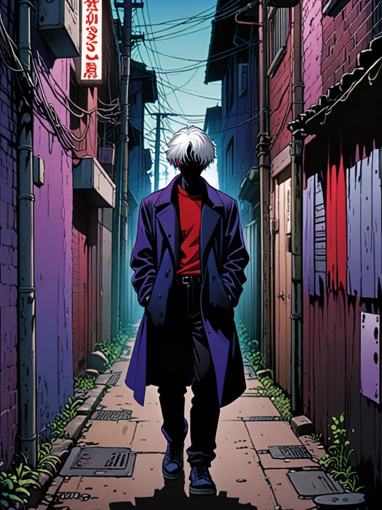 illust、art、from 80s horror movie, directed by Junji Ito、The silver-haired young man turns around、looking at the camera、Back Alley、A lonely city、Slit eyes、Beautiful Boy、Black Costume、Stylish、high detail, realsitic shadow、Analog style, vhs style, 8mm film, chromatic aberration, Dvd screengrab、Blue-purple and red-purple gradation、Surrealism