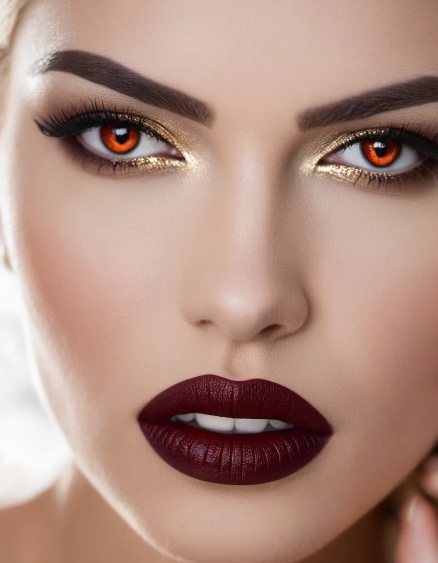 nsfw, 1lady, solo, mature adult woman, evil MILF, lady from hell, vampire beauty, femme fatale, evil apostle of darkness, peerless beauty, (👄, 👅),(slyly looks:1.3), (Cruel grinning slit eyes:1.3), (evil roguish smile:1.7), a Vampire Kiss, masterpiece, perfect anatomy, ideal facial features, ideally proportioned figure, perfectly beautiful body, makeup, sensual Blonde, Very short, pixie cut, Beautifully detailed eyes, double eyelid, (eyeliner:1.2), mascara, eyeshadow, golden eyes, Beautifully detailed nose and nostrils, Beautifully detailed lips, (lipstick:1.1),(Dark red lips, glossy lips), (Vampire Fangs), tongue, saliva, Focus only on the mouth, Woman mouth close up, from front, glaring at you
