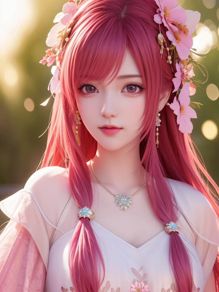 best quality, masterpiece, High target, There is a girl with a basket of flowers on her head, beautiful clothes, Hair Decorationss, necklace, Decorations, Pretty Face, When the body, Tyndall effect, Realistic Portraits, Edge lighting, Two-color light, (Very delicate skin:1.2), 8K uhd, Digital SLR Camera, Soft Light, high quality, Volumetric Lighting, Honest, photo, high resolution, 4K, 8K, Bokeh,Fuchsia hair，Orange hair tips, Pink Eyes.