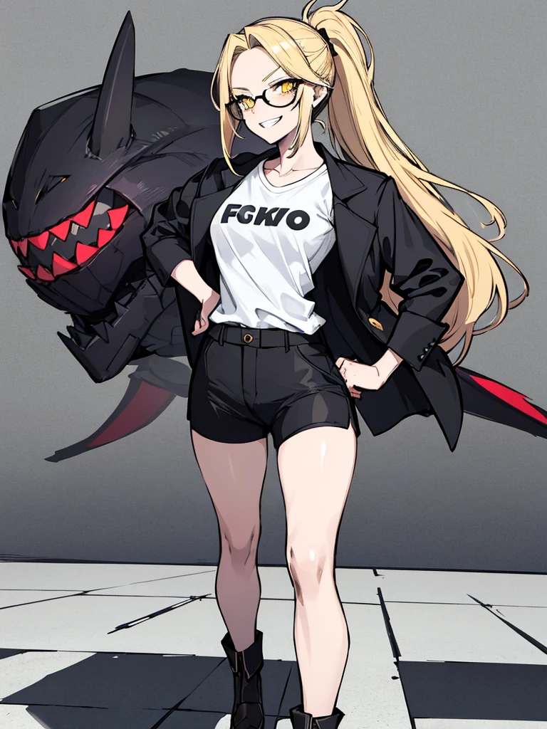 (absurdres, 8k, 4k, masterpiece, hyper extreme detailed:1.2), solo, 1girl, side view, perfect face, 1girl, portrait, looking at viewer, solo, standing, Female, Mature Female, evil eyes, female, small boobs, yellow eyes, sharp eyes, wide smile, blonde hair, ponytail, black suit, dress pants, perfect hands, fair skin, dot pupils, "constricted pupils, small pupils", perfect anatomy, correct anatomy, evil, casualwear, graphic t-shirt, shorts, open jacket, long hair, flowing hair, messy hair, swept bangs, hair covering forehead, standing, hands on hips, office background, grin, smirk, sharp, dangerous, bloody, menacing, malicious, chaotic, full body, expressive eyes, perfect eyes, 1girl, small bust, pale, confident, sarcastic, glasses, facing forward, forward view, crazy face, crazy eyes, crazy smile, office background, blue sky, charismatic, flirty, manipulative, shorts, perfect anatomy, half body, cowboy shot,