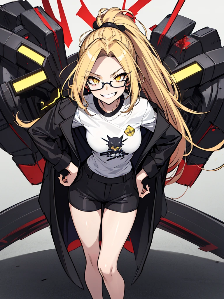 (absurdres, 8k, 4k, masterpiece, hyper extreme detailed:1.2), solo, 1girl, side view, perfect face, 1girl, portrait, looking at viewer, solo, standing, Female, Mature Female, evil eyes, female, small boobs, yellow eyes, sharp eyes, wide smile, blonde hair, ponytail, black suit, dress pants, perfect hands, fair skin, dot pupils, "constricted pupils, small pupils", perfect anatomy, correct anatomy, evil, casualwear, graphic t-shirt, shorts, open jacket, long hair, flowing hair, messy hair, swept bangs, hair covering forehead, standing, hands on hips, office background, grin, smirk, sharp, dangerous, bloody, menacing, malicious, chaotic, full body, expressive eyes, perfect eyes, 1girl, small bust, pale, confident, sarcastic, glasses, facing forward, forward view, crazy face, crazy eyes, crazy smile, office background, blue sky, charismatic, flirty, manipulative, shorts, perfect anatomy, half body, cowboy shot,