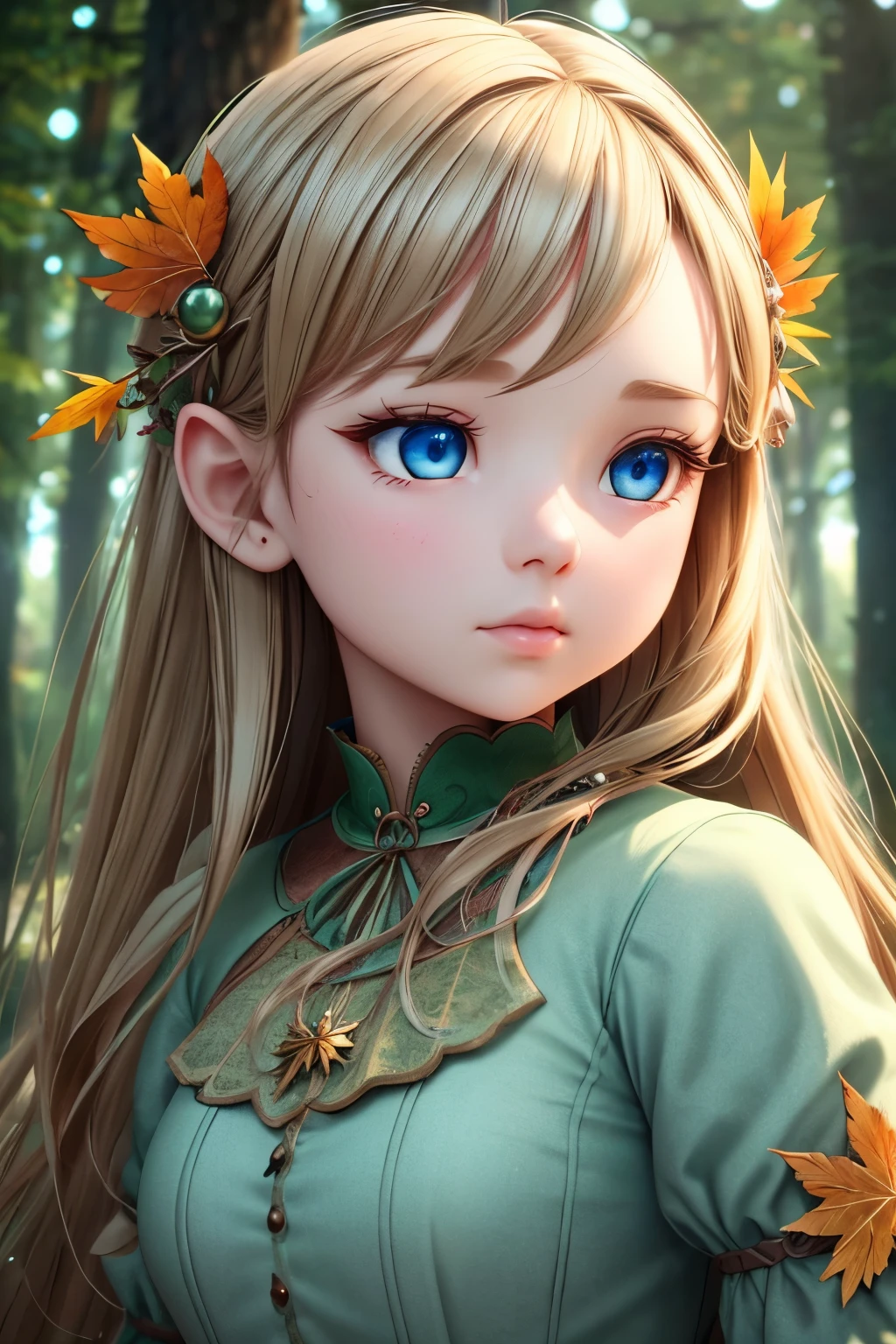 a , Thumbelina, sad, wearing an autumn dry leaf, fairy forest, cold, snow, 1girl,beautiful detailed eyes, beautiful detailed lips, extremely detailed face, long eyelashes, detailed intricate dress, cinematic lighting, fantasy, soft natural lighting, moody, melancholy, serene, surreal, trending on artstation, 8k, ultra-detailed, photorealistic, physically-based rendering, vibrant colors, dramatic lighting