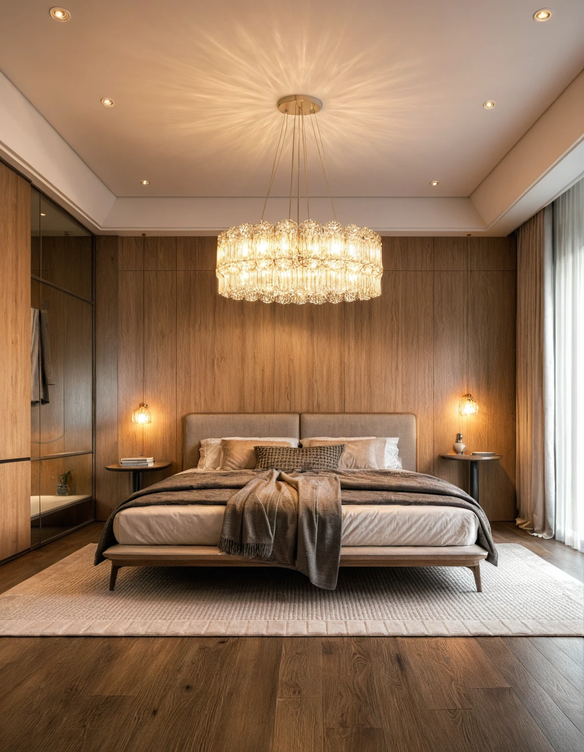 Raw photo,Masterpiece, high quality, best quality, authentic, super detail, interior, indoors, ((bedroom style modern luxury)), sunset, day light, bed, lamp, carpet, curves, curved walls, bedside cabinets, flower vase, wood floor ,wardrobe, glass cabinet doors, led, table lamps, chandeliers, windows, curtains, downlight, book